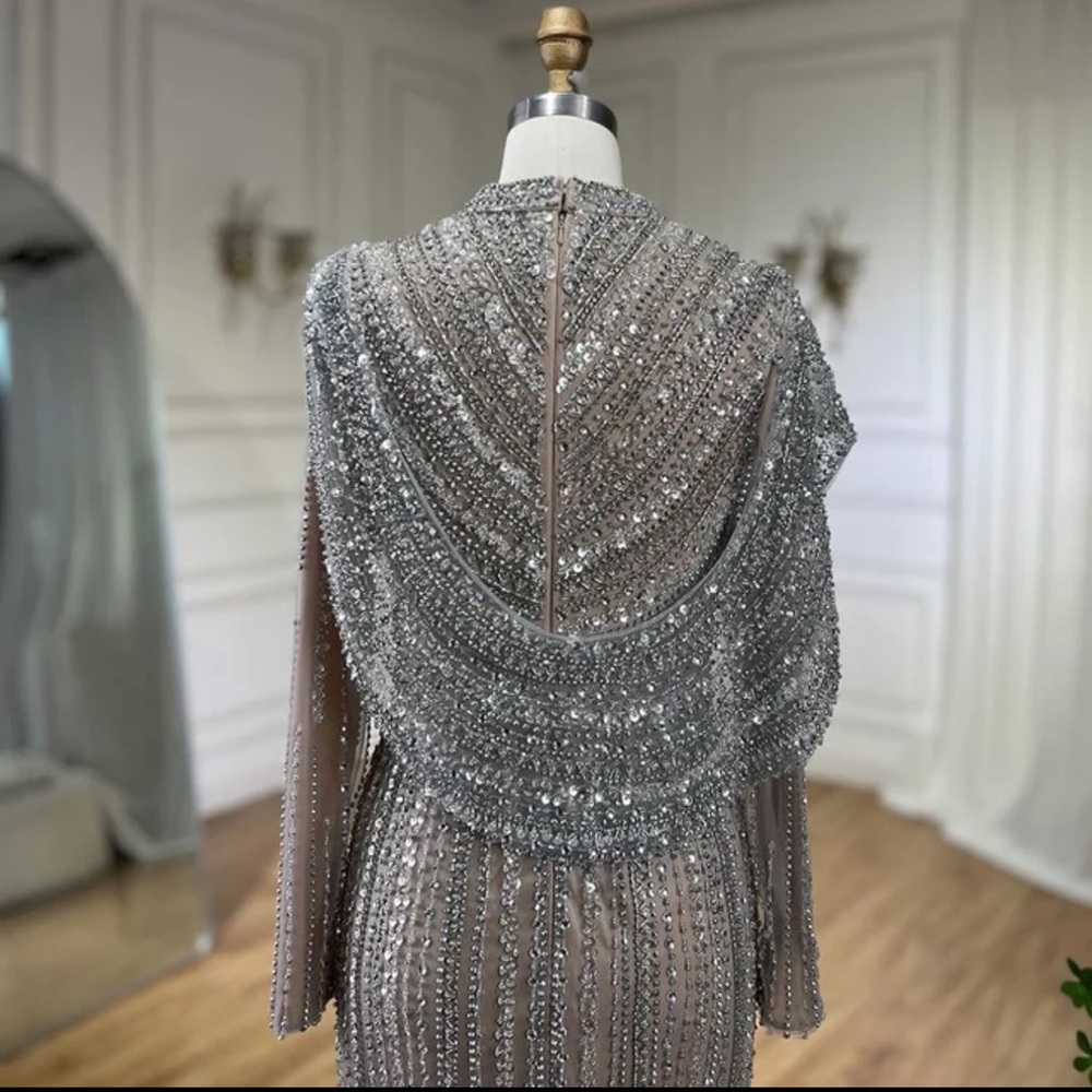 Dubai Arabia Muslim Modest Mermaid Long Cape Luxury Evening Dresses Gowns - Picture 7 of 8